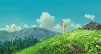 Movie still from “The Wind Rises” (2013), directed by Hayao Miyazaki – A man standing on top of a green hill; Extreme Wide shot, Low angle
