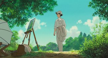 Movie still from “The Wind Rises” (2013), directed by Hayao Miyazaki – An animated picture of a man standing in front of an easel; Wide shot, Low angle