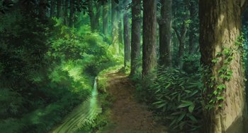 Movie still from “The Wind Rises” (2013), directed by Hayao Miyazaki – A painting of a path in the middle of a forest; Extreme Wide shot, High angle
