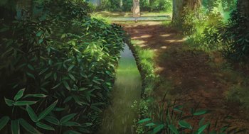 Movie still from “The Wind Rises” (2013), directed by Hayao Miyazaki – A painting of a stream running through a forest; Extreme Wide shot, High angle