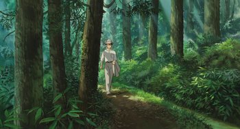 Movie still from “The Wind Rises” (2013), directed by Hayao Miyazaki – An old man walking through the woods with a bag; Wide shot, High angle