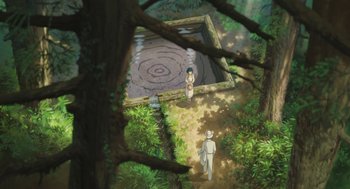 Movie still from “The Wind Rises” (2013), directed by Hayao Miyazaki – Two people are standing in the woods near a pond; Extreme Wide shot, Overhead angle