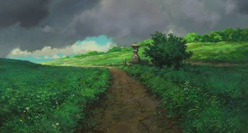 Movie still from “The Wind Rises” (2013), directed by Hayao Miyazaki – An oil painting of a path in the middle of a green field; Extreme Wide shot, High angle