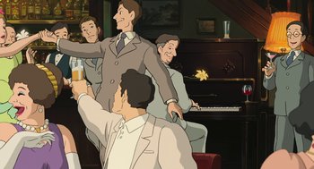 Movie still from “The Wind Rises” (2013), directed by Hayao Miyazaki – A group of men sitting around a room; Medium shot, High angle