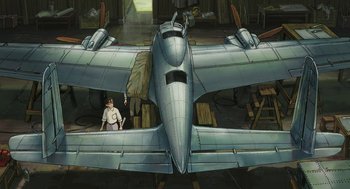 Movie still from “The Wind Rises” (2013), directed by Hayao Miyazaki – An airplane is parked in a hangar with a man standing next to it; Wide shot, Low angle