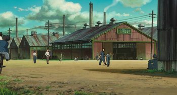 Movie still from “The Wind Rises” (2013), directed by Hayao Miyazaki – A painting of people walking in front of an old factory; Extreme Wide shot, Low angle