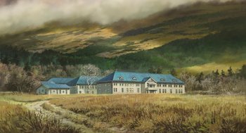 Movie still from “The Wind Rises” (2013), directed by Hayao Miyazaki – An oil painting of a large building in the middle of a field; Extreme Wide shot, Low angle