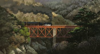 Movie still from “The Wind Rises” (2013), directed by Hayao Miyazaki – A train traveling over a wooden bridge near a forest; Extreme Wide shot, Low angle