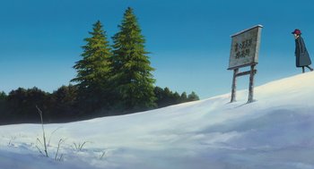 Movie still from “The Wind Rises” (2013), directed by Hayao Miyazaki – A painting of trees and a snowy hill; Extreme Wide shot, Low angle
