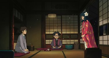 Movie still from “The Wind Rises” (2013), directed by Hayao Miyazaki – A group of people sitting on the ground in a room; Wide shot, Over the shoulder angle