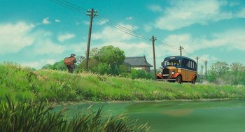 Movie still from “The Wind Rises” (2013), directed by Hayao Miyazaki – An old school bus is parked on the side of the road; Extreme Wide shot, Low angle