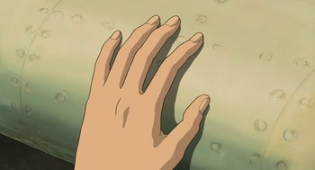 Movie still from “The Wind Rises” (2013), directed by Hayao Miyazaki – An illustration of someone's hand in a pool of water; Extreme Close Up shot, Overhead angle
