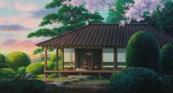 Movie still from “The Wind Rises” (2013), directed by Hayao Miyazaki – A painting of an asian house with a garden in the background; Extreme Wide shot, Low angle