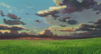 Movie still from “The Wind Rises” (2013), directed by Hayao Miyazaki – A painting of a field with planes flying in the sky; Extreme Wide shot, Low angle