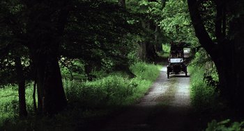 Movie still from “The Wind that Shakes the Barley” (2006), directed by Ken Loach – A horse drawn carriage traveling down a dirt road through the woods; Extreme Wide shot, High angle
