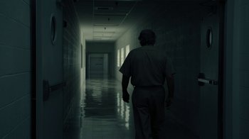 Movie still from “The Wizard of Lies” (2017), directed by Barry Levinson – A man walking down a hallway in a dark room; Wide shot, Low angle