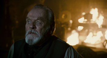 Movie still from “The Wolfman” (2010), directed by Joe Johnston – An older man with a beard and a mustache; Close Up shot, Low angle