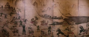 Movie still from “The Wolverine” (2013), directed by James Mangold – A painting of a battle scene on a wall; Extreme Wide shot, Overhead angle