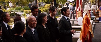 Movie still from “The Wolverine” (2013), directed by James Mangold – A group of people in suits standing next to each other; Medium shot, High angle