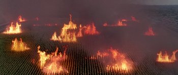 Movie still from “The X Files” (1998), directed by Rob Bowman – A large fire is burning in the middle of a field of crops; Extreme Wide shot, Overhead angle