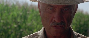 Movie still from “The X Files” (1998), directed by Rob Bowman – A person wearing a straw hat; Close Up shot, Low angle