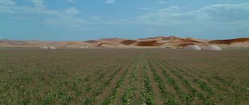 Movie still from “The X Files” (1998), directed by Rob Bowman – A field of crops in the middle of the desert; Extreme Wide shot, High angle