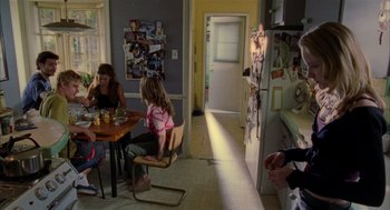 Movie still from “Thirteen” (2003), directed by Catherine Hardwicke – A group of people sitting around a table in a room; Wide shot, Over the shoulder angle