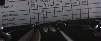 Movie still from “This Boy's Life” (1993), directed by Michael Caton-Jones – A pair of tongs in front of a sheet of paper; Extreme Close Up shot, Overhead angle
