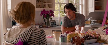 Movie still from “This Is 40” (2012), directed by Judd Apatow – A man sitting at a table in a kitchen with two women; Medium shot, Over the shoulder angle