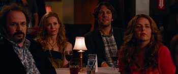 Movie still from “This Is 40” (2012), directed by Judd Apatow – A man and a woman sitting at a dinner table; Medium shot, Over the shoulder angle
