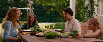 Movie still from “This Is 40” (2012), directed by Judd Apatow – A man and a woman sitting at a table with plates of food on it; Medium shot, Over the shoulder angle