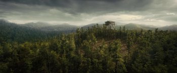 Movie still from “Those Who Wish Me Dead” (2021), directed by Taylor Sheridan – An aerial view of a tree house in the middle of a forest; Extreme Wide shot, High angle