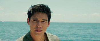 Movie still from “Ticket to Paradise” (2022), directed by Ol Parker – A man with a beard and a green shirt by the ocean; Close Up shot, Over the shoulder angle