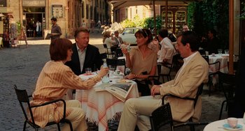 Movie still from “To Rome with Love” (2012), directed by Woody Allen – A group of people sitting at an outdoor restaurant; Wide shot, High angle