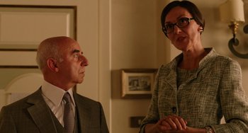 Movie still from “To Rome with Love” (2012), directed by Woody Allen – A man and a woman are standing next to each other; Medium shot, Over the shoulder angle