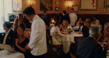 Movie still from “To Rome with Love” (2012), directed by Woody Allen – A group of people sitting at a table in a restaurant; Wide shot, Over the shoulder angle