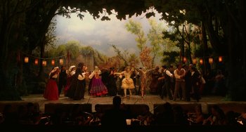 Movie still from “To Rome with Love” (2012), directed by Woody Allen – A group of people are dancing on a stage; Extreme Wide shot, High angle