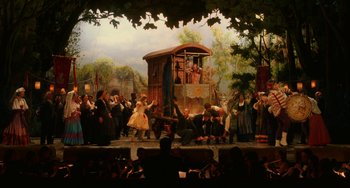 Movie still from “To Rome with Love” (2012), directed by Woody Allen – A painting of a scene with people on a stage; Extreme Wide shot, High angle