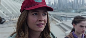 Movie still from “Tomorrowland” (2015), directed by Brad Bird – A person wearing a hat; Close Up shot, Over the shoulder angle