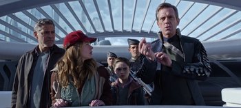 Movie still from “Tomorrowland” (2015), directed by Brad Bird – A group of people standing next to each other on top of a boat; Medium shot, Over the shoulder angle