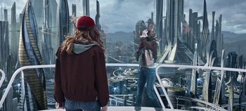 Movie still from “Tomorrowland” (2015), directed by Brad Bird – Two people standing in front of each other on a balcony; Medium shot, Over the shoulder angle