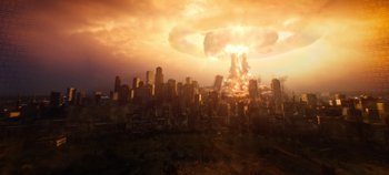 Movie still from “Tomorrowland” (2015), directed by Brad Bird – An image of an explosion in the sky over a city; Extreme Wide shot, High angle