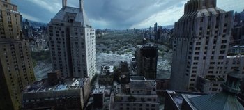 Movie still from “Tomorrowland” (2015), directed by Brad Bird – An aerial view of a city with a river running through it; Extreme Wide shot, High angle