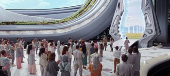 Movie still from “Tomorrowland” (2015), directed by Brad Bird – A group of people standing in front of a building; Wide shot, High angle