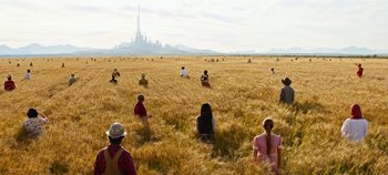 Movie still from “Tomorrowland” (2015), directed by Brad Bird – A group of people sitting in the middle of a wheat field; Extreme Wide shot, High angle