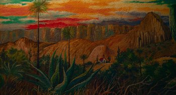 Movie still from “Too Old to Die Young” (2019), directed by Nicolas Winding Refn – An oil painting of a desert scene with mountains in the background; Extreme Wide shot, High angle