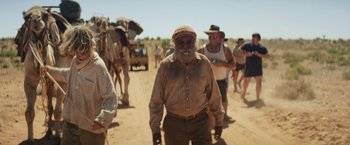 Movie still from “Tracks” (2013), directed by John Curran – An old man walking down a dirt road with a herd of cattle; Medium shot, Over the shoulder angle