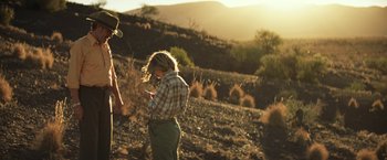 Movie still from “Tracks” (2013), directed by John Curran – A woman standing on top of a dry grass field; Wide shot, Low angle