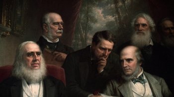 Movie still from “Trading Places” (1983), directed by John Landis – An oil painting of a group of men sitting in front of trees; Close Up shot, Over the shoulder angle