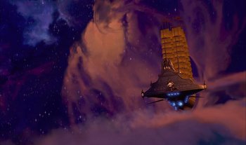 Movie still from “Treasure Planet” (2002), directed by John Musker – An image of a space ship flying in the night sky; Extreme Wide shot, Low angle